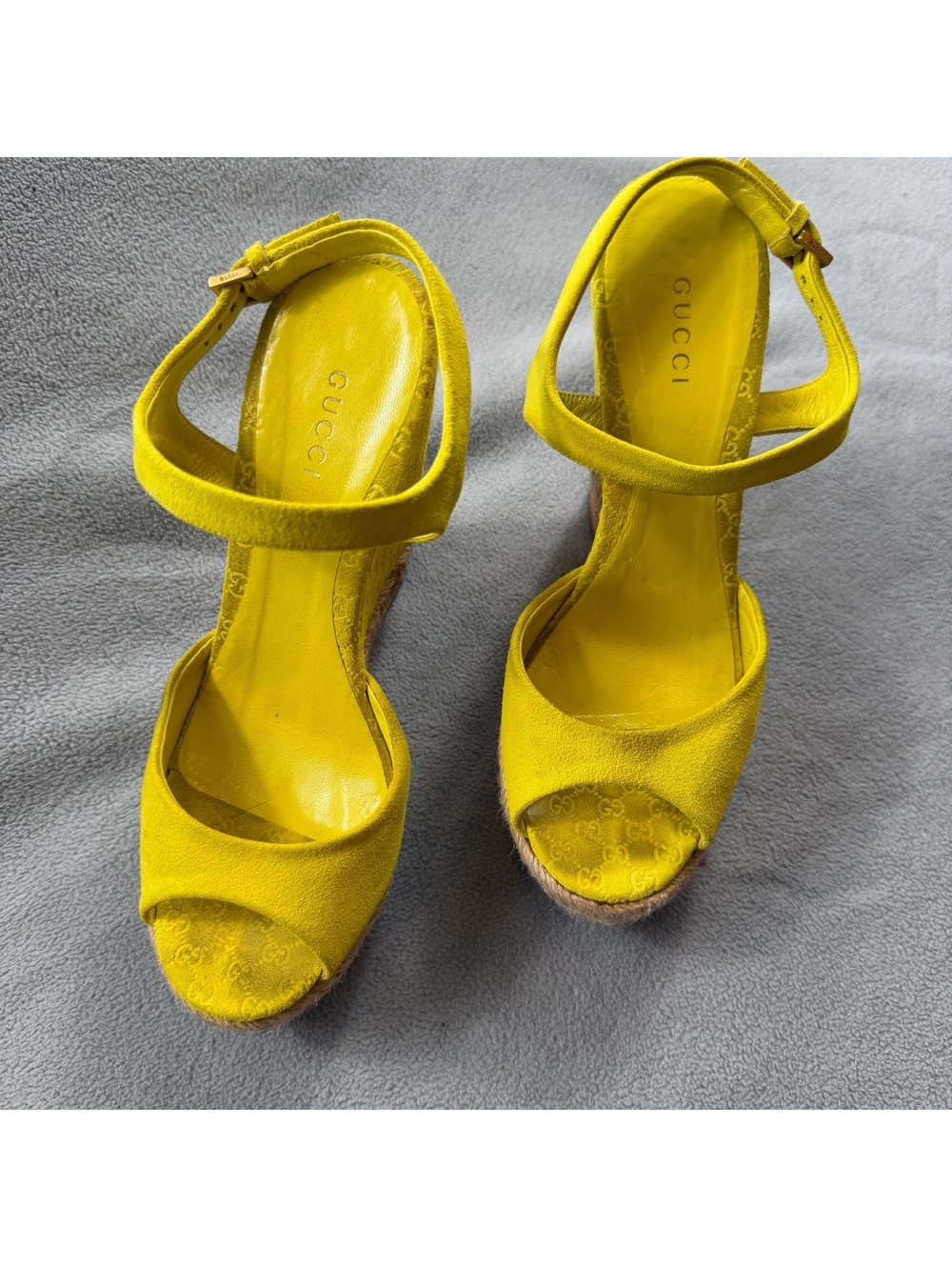 Gucci Microguccissima Yellow Suede Espadrille Platform Wedge Sandals 36.5 - Picture 10 of 13